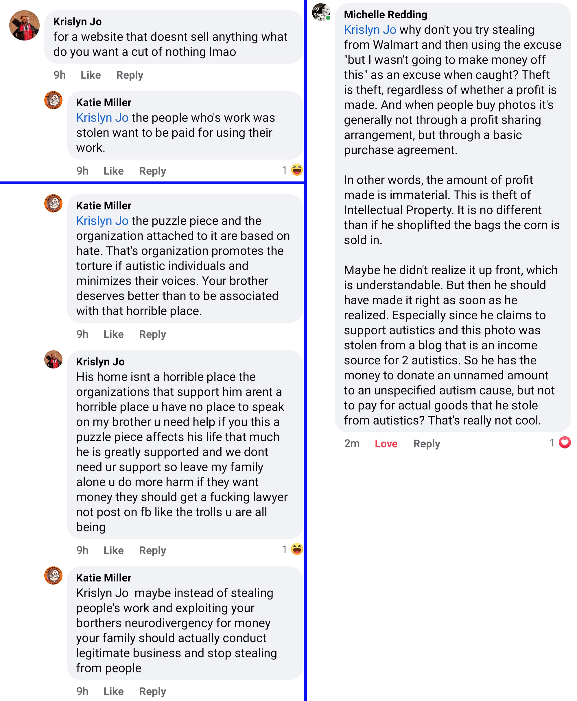 Screen shots of Facebook comments.