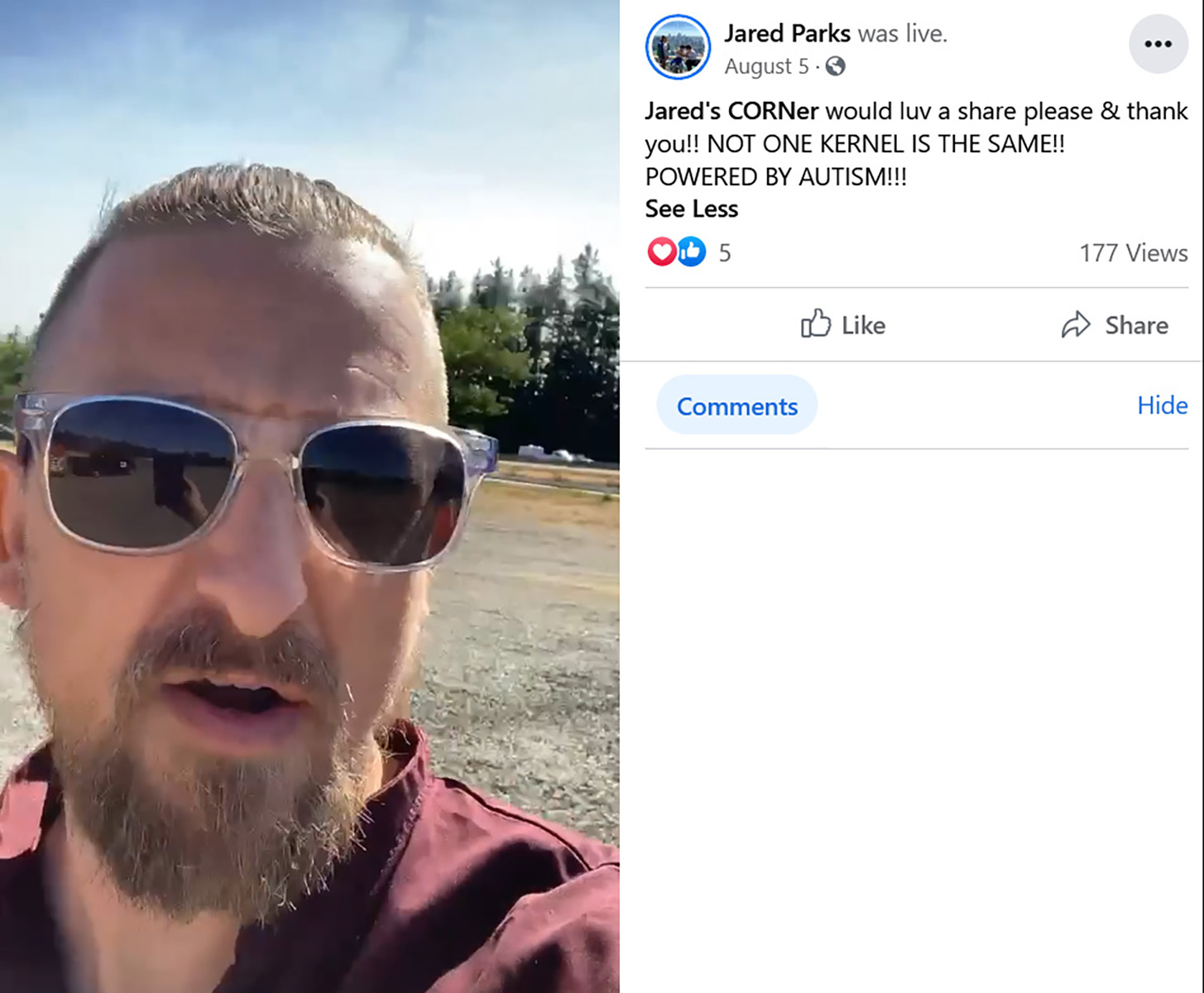 Screen shot of a basic bearded white man next to his Facebook post stating that his popcorn business is powered by autism.