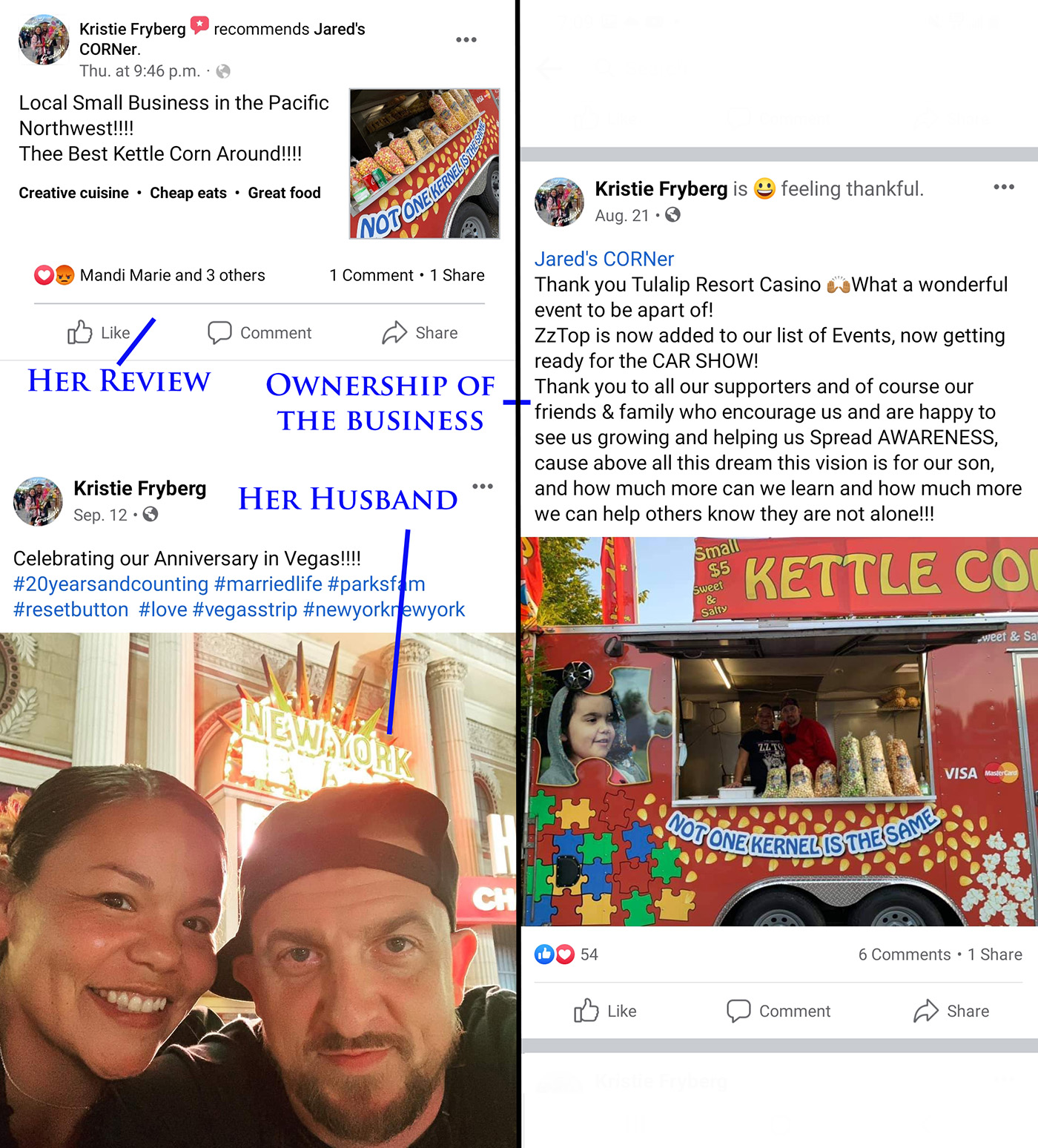 Screen shots of Kristie Fryberg, Jared's wife and co owner of Jared;s Corner reviewing her own business on Facebook.